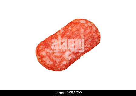Scheiben Salami auf weißem Hintergrund Stockfoto