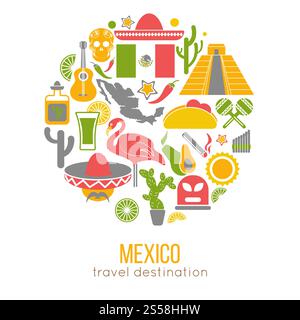 Satz von Mexiko-Reisesymbolen. Mexikanische flache Vektor-Illustrationen. Sammlung Ikonen Tequila, Chili und Taco, Sombrero, Gitarre und Maracas, Schädel und Machu Picchu Pyramide, Frida, Flagge und Karte. Satz von Mexiko-Reisesymbolen. Mexikanische flache Vektor-Illustrationen. Stock Vektor