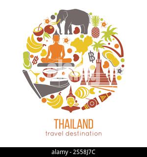 Eine Reihe von Reisesymbolen für Thailand und Sehenswürdigkeiten von Bangkok. Thai Kultur flache Vektor-Illustrationen. Sammlung Tourismus Ikonen Elefant und Mönch, Goldener Buddha und Tempel, Blume und Ananas, Flagge und Karte. Eine Reihe von Reisesymbolen für Thailand und Sehenswürdigkeiten von Bangkok. Stock Vektor