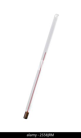 Nahaufnahme eines auf weiß isolierten Thermometers. Nahaufnahme eines Thermometers Stockfoto