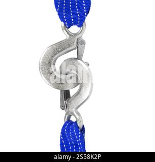Zwei Karabiner mit geknoteten Seilen isoliert auf weißem Hintergrund. Zwei Karabiner mit geknoteten Seilen Stockfoto