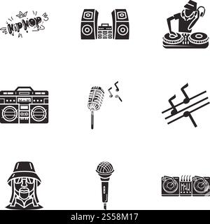Symbolgruppe RAP Equipment. Einfacher Satz von 9 Rap-Ausrüstungsvektorsymbolen für Webdesign isoliert auf weißem Hintergrund. Rap Equipment Symbolsatz, einfacher Stil Stock Vektor