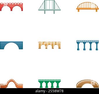 Bridge-Symbolgruppe. Zeichentricksatz von 9 Brücken-Vektor-Symbolen für Webdesign isoliert auf weißem Hintergrund. Bridge-Symbol-Set, Cartoon-Stil Stock Vektor