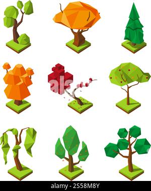 Isometrische Bäume mit niedrigem Poly. Grüne Umgebung isometrisch, Wald- oder Gartenpflanzen. Vektorabbildung. Isometrische Bäume mit niedrigem Poly Stock Vektor