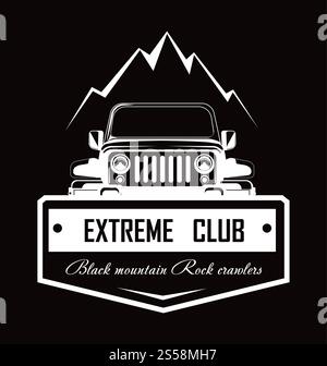 Extreme Club Black Mountain Rock Crawlers Promo-Logo. Großes, leistungsstarkes Geländefahrzeug und gefährliches einfarbiges Straßenlogo. Professionelle Fahrer Community isolierte Karikaturvektorillustration. Extreme Club Black Mountain Rock Crawlers Promo-Logo Stock Vektor