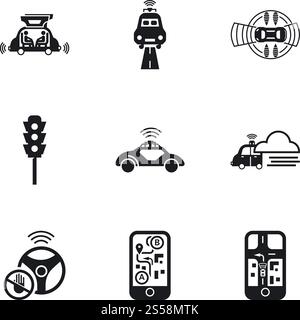 Symbolgruppe für fahrerloses Auto. Einfacher Satz von 9 fahrerlosen Routenvektorsymbolen für Webdesign isoliert auf weißem Hintergrund. Fahrerloses Auto – Symbolsatz für Routen, einfacher Stil Stock Vektor