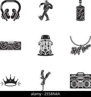 Hip-Hop-Symbolset. Einfacher Satz von 9 Hip-Hop-Vektorsymbolen für Webdesign isoliert auf weißem Hintergrund. Hip-Hop-Symbol-Set, einfacher Stil Stock Vektor