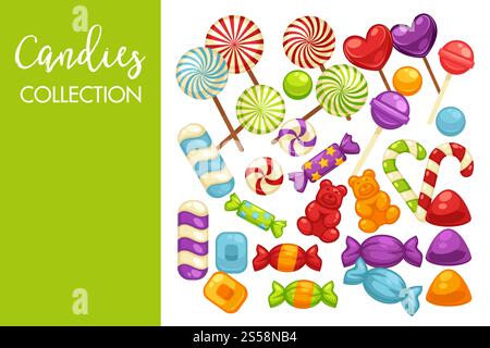 Poster mit Süßigkeiten und Karamellbonbons für Süßwaren oder Süßigkeiten. Vektor-Ikonen von Marmeladenbären, Lollipops, Zuckerlutscher oder harten Süßigkeiten und Toffee Comfits und Bonbonbonbons. Poster mit Süßigkeiten und Karamellbonbons für Süßwaren oder Süßigkeiten. Stock Vektor