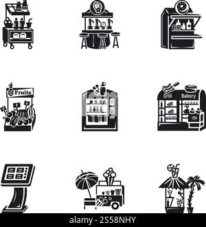Icon-Set für Imbisskiosk. Einfacher Satz von 9 Icons für Lebensmittelkiosk-Vektorsymbole für Webdesign isoliert auf weißem Hintergrund. Icon-Set für Imbisskiosk, einfacher Stil Stock Vektor