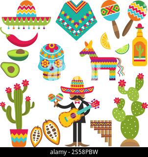 Mexikanische Symbole. Vektor-Design-Vorlage für traditionelle mexikanische Elemente. Mexiko und Sombrero, Gitarre und Maracas, Kakteen und Tequila Illustration. Mexikanische Symbole. Vektor-Design-Vorlage für traditionelle mexikanische Elemente Stock Vektor