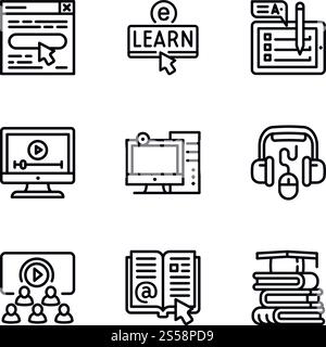 Symbolgruppe der Online-Bibliothek. Kontursatz von 9 Vektorsymbolen für Webdesign isoliert auf weißem Hintergrund. Symbolgruppe der Online-Bibliothek, Modellstil Stock Vektor