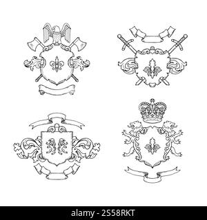 Vektor Hand gezeichnetes Heraldik-Emblem der Set-Illustration isoliert auf weiß. Vektorhandgezeichnete Heraldik-Illustration Stock Vektor