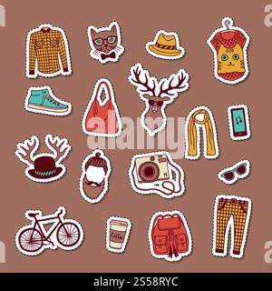 Vektor Hipster Kritzelsymbole Aufkleber Set Illustration isoliert auf Hintergrund. Vektor Hipster Kritzelsymbole Aufkleber Set Illustration Stock Vektor
