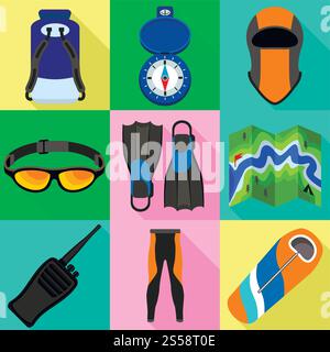 Kajak-Werkzeuge Symbolsatz. Flacher Satz von 9 Kajak-Tools Vektorsymbole für Webdesign isoliert auf weißem Hintergrund. Kajak-Werkzeuge Icon-Set, flacher Stil Stock Vektor