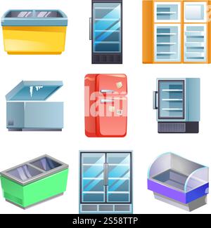 Symbole für Gefrierschrank eingestellt. Zeichentricksatz von Gefrierschrank-Vektorsymbolen für Web-Design. Gefrierschrank-Symbole gesetzt, Cartoon-Stil Stock Vektor