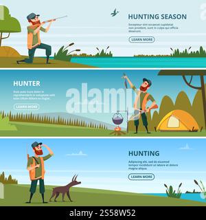 Jäger auf Jagdbannern. Zeichentrickbilder der Jagd. Jäger mit Schrotflinte, Jagdurlaub und Abenteuer Vektor. Jäger auf Jagdbannern. Zeichentrickbilder der Jagd Stock Vektor