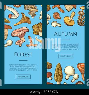 Vektor Hand gezeichnete Pilze vertikale Web-Banner Illustration. Vektor handgezeichnete Pilze Stock Vektor
