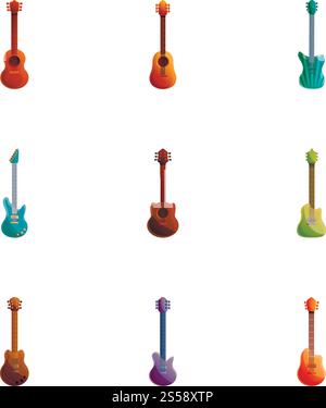 Symbol für elektrische Gitarre. Zeichentricksatz von 9 elektrischen Gitarren Vektor-Icons für Web-Design isoliert auf weißem Hintergrund. E-Gitarren-Icon-Set, Cartoon-Stil Stock Vektor