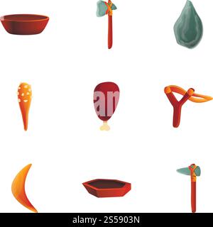 Steinzeitliche Rüstung Symbolsatz. Zeichentricksatz von 9 steinzeitlichen Rüstungsvektorsymbolen für Webdesign isoliert auf weißem Hintergrund. Steinzeitliche Rüstungssymbole, Cartoon-Stil Stock Vektor