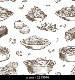 Koreanische Küche traditionelle Gerichte zeichnen nahtlose Muster. Vektorset Samgyetang-Hühnchen mit Sannakji und Kimchi-Kohl, scharfe Ramen-Nudeln Suppe oder Bulgogi und Kimpab mit Gebäck für Korea Restaurant. Koreanische Küche traditionelle Gerichte zeichnen nahtlose Muster. Stock Vektor