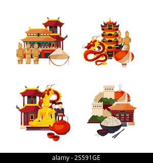 Vektorsatz der flachen Stil china Elemente und Sehenswürdigkeiten Stapel Illustration. Gebäude und Architektur, alte Pagode, chinesische Laterne und Tee. Vektorsatz der flachen Stil china Elemente und Sehenswürdigkeiten Stapel Illustration Stock Vektor