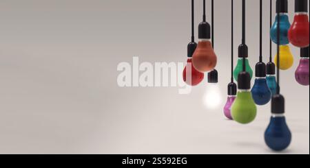 Glühende 3D-Glühlampe zwischen den anderen auf grauem Hintergrund. Führung, Innovation, große Idee und individuelle Konzepte. 3D Rendern. Stockfoto