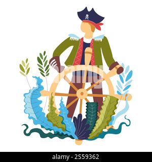 Pirat am hölzernen Lenkrad, Schiffskapitän Vektor. Person mit traditioneller Piraterie-Tracht, Hut mit Schädel und überkreuzten Knochen. Der Mensch führt das Schiff im Meer, im Laub und im dekorativen Element der Blätter. Pirat am hölzernen Lenkrad, Kapitän des Schiffes Stock Vektor