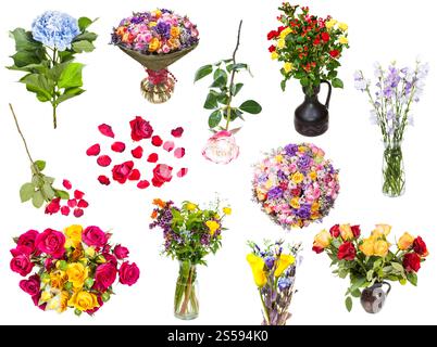 Set von verschiedenen Blüten und Blumensträußen isoliert auf weißem Hintergrund. Verwelkte Blüten und drei rote Rosenblüten Stockfoto