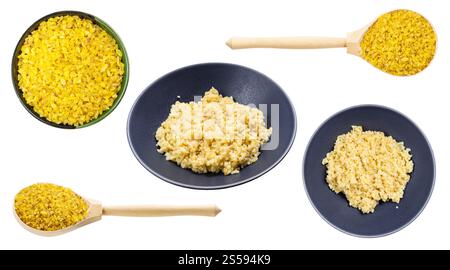 Set aus verschiedenen gekochten und rohen Bulgur Groats isoliert auf weißem Hintergrund Stockfoto