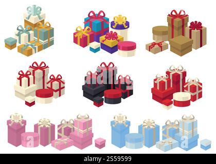 Geschenke und Geschenke verpackt mit Dekorationspapieren und Schleifen aus Bändern Vektor. Überraschung am Geburtstag oder Weihnachtsfeiertag, Pakete mit Artikeln. Behälterverpackungen unterschiedlicher Form und Farbe. Geschenke und Geschenke mit Dekorationspapieren und Schleifen Stock Vektor