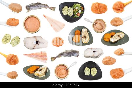 Satz von verschiedenen Lebensmitteln aus Kabeljaufischen isoliert auf weißem Hintergrund Stockfoto