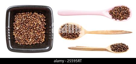 Set aus verschiedenen Körnern von Paradies Paprika auf weißen Hintergrunsen isoliert Stockfoto