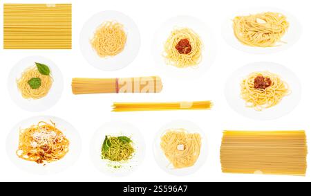 Set von verschiedenen gekochten und trockenen Spaghetti auf weißem Hintergrund isoliert Stockfoto