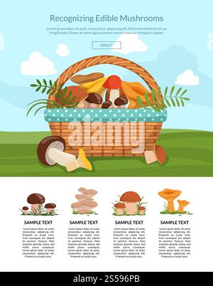 Illustration der Vektor-Landingpage mit Cartoon-Pilzen. Lebensmittelpilz, Bio-Naturpilz. Illustration der Vektor-Landingpage mit Cartoon-Pilzen Stock Vektor