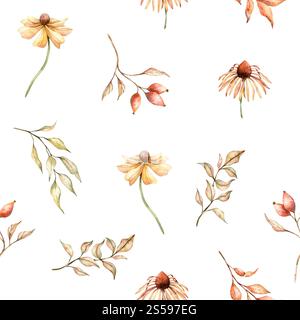 Aquarellrudbeckie, Hagebutte, getrocknete Blätter nahtloses Muster. Handbemalte Koneflower-Illustration. Blühender Kopf mit braunem Herz. Botanisches Muster Stockfoto