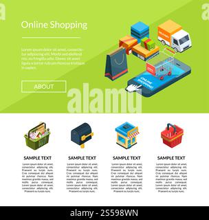 Vektorisometrische Symbole für Online-Shopping-Websites Landing-Page und Webbanner-Vorlage Illustration. Vektorisometrische Symbole für Online-Shopping-Websites Illustration für Landing-Page-Vorlagen Stock Vektor