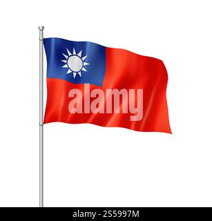 Taiwan-Flagge, dreidimensionales Rendering, isoliert auf weiß. Taiwanesische Flagge isoliert auf weiß Stockfoto