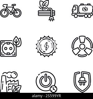 Symbolgruppe „Globale Energie“. Kontursatz von 9 globalen Energievektorsymbolen für Webdesign isoliert auf weißem Hintergrund. Globale Energie-Symbolgruppe, Umrissstil Stock Vektor