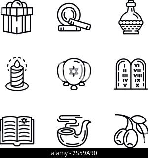 Jüdische Ikonensätze. Kontursatz von 9 jüdischen Vektorsymbolen für Webdesign isoliert auf weißem Hintergrund. Jüdisches Ikonensatz, Umrissstil Stock Vektor