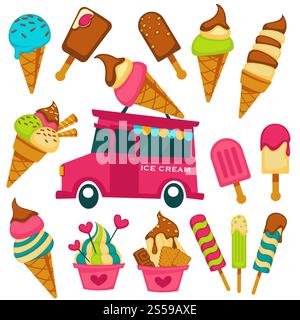 Eiskugeln in Waffelkegeln und Süßigkeiten, die Cartoon-Symbole des Van-Cars des Händlers sind. Vektor-Obst- und Beerengeschmack Eis Eis Eis Eis, Schokolade Eisbecher eskimo oder Sorbet mit Herz Karamell Glasur für Gelateria Café. Eis-Cartoon helle Aromen Vektor-Icons auf Gleato-Verkäufer-Van-Wagen Stock Vektor
