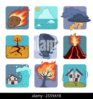 Vektorsymbole für Naturkatastrophen festgelegt. Naturkatastrophe Vulkanausbruch, Brandschlag oder Erdbeben und Tsunami-Sturm oder Tornado-Hurrikan, globale Erwärmung und Überschwemmung oder Dürre. Naturkatastrophen Vektor flache Symbole Set aus Vulkan, Tsunami oder Tornado und Überschwemmung Stock Vektor