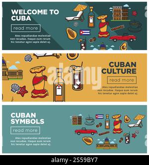 Kubanische Kultur und Symbole Promo Internet Banner Set. Werbeplakate von Reisebüros mit einer Flasche Rum, Flamenco-Kleid, authentischer Architektur, Retro-Autos und frischen Avocadovektorillustrationen. Kubanische Kultur und Symbole Werbebanner im Internet Stock Vektor