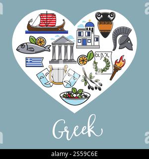 Griechische Nationalsymbole auf dem Werbeplakat in Herzform. Köstliche Meeresfrüchte, alte Bauten, alte Reliquien und theatralische Attribute isolierte Zeichentrick flache Vektor-Illustrationen auf Banner... Griechische Nationalsymbole auf dem Werbeplakat in Herzform Stock Vektor