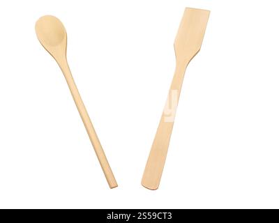 Set aus Küchengeräten aus Holz isoliert auf dem weiß. Set aus Küchengeräten aus Holz Stockfoto