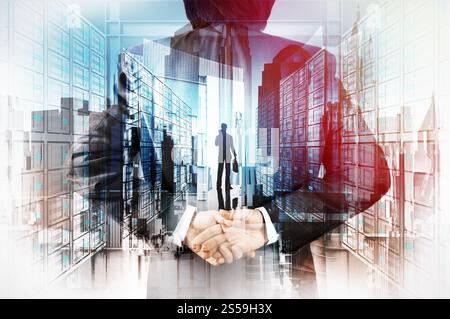 Doppelbelichtung Geschäftsmann Hand zeigt Führer auf Server Hintergrund als Konzept Stockfoto