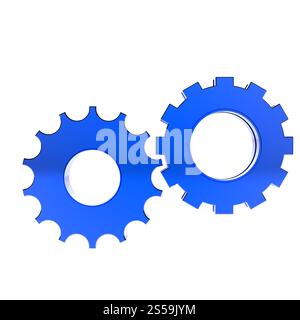 3D blaue Zahnrad Zahnrad auf weißem Hintergrund Stockfoto