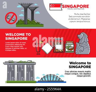 Willkommen in Singapur Werbeplakate mit ungewöhnlicher Architektur und Essen. Reise in hoch entwickelte orientalische Land kommerziell. Futuristische Gebäude und Statuen Vektorillustrationen auf Bannern. Willkommen in Singapur Werbeplakate mit ungewöhnlicher Architektur und Essen Stock Vektor