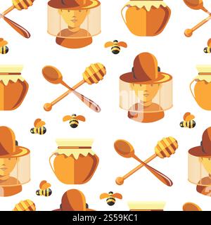 Honig und Bienen, Imker tragen Schutzanzug nahtloses Muster isoliert auf weißem Vektor. Bienenstock, Hobby von Männern, Bienenzucht, Topf mit Produkten, Landwirtschaft und Landwirtschaft. Honig und Bienen, Imker mit nahtlosem Schutzanzug Stock Vektor