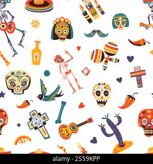 Mexiko traditionelle Elemente, mexikanische Symbole und Zeichen nahtloses Muster auf weiß. Muertos Schädel und Skelett spielen auf Gitarre, Kakteen und Kreuz, Chili-Pfeffer und Zitronenscheibe, Maracas Sombrero. Mexikanische traditionelle Elemente, mexikanische Symbole und Zeichen nahtlose Muster Stock Vektor