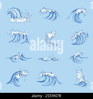 Wasserwellen und Ozean- oder Meereswellen-Spritzer zeigen Symbole für Skizzenlinien an. Vektor-isolierte Gruppe von Gezeitenwellen mit Schaum oder spritzenden Schaumtropfen. Wellen und Ozean- oder Meerwasser spritzt Vektorskizzen Symbole gesetzt Stock Vektor